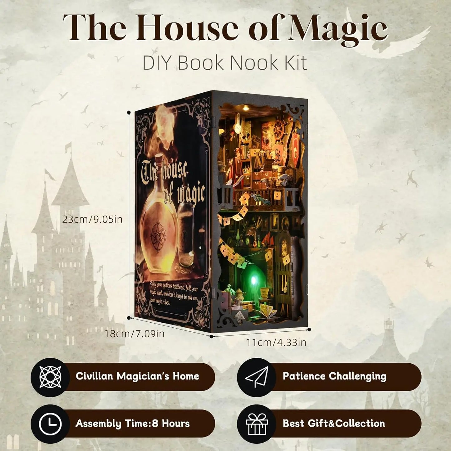 Book Nook "The House of Magic" – Diorama DIY de Escuela Mágica con Luces LED
