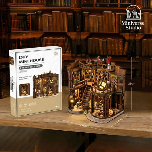 Kit DIY Miniature Bookend – Qimeng Book Hall – Maison artisanale avec lumières et meubles