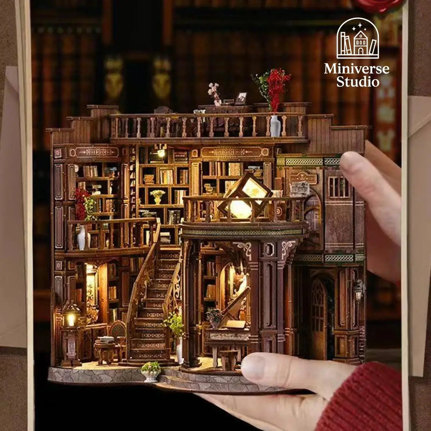 Kit Miniatura DIY Bookend – Cabaña Qimeng Book Hall – Casa Artesanal con Luces y Muebles