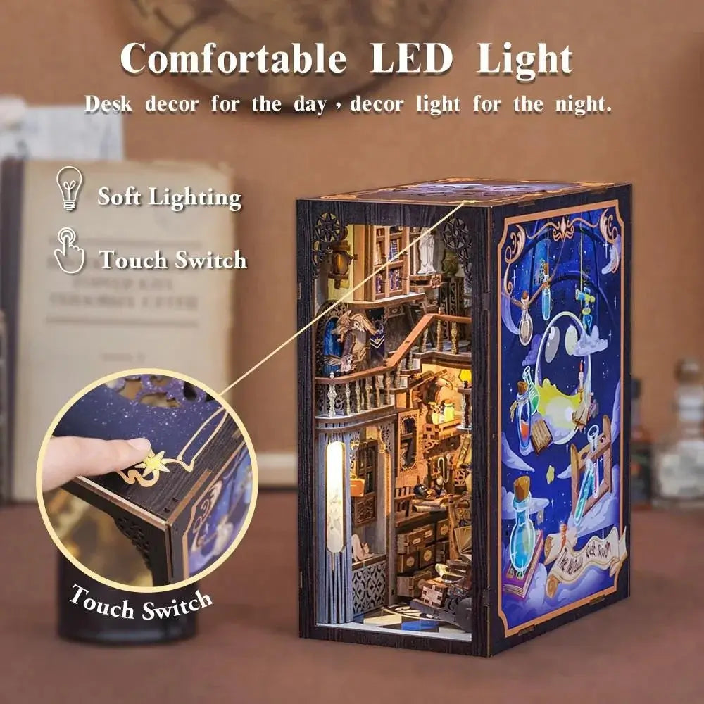 Book Nook Sala de Lectura Mágica con luces LED – Kit DIY de Madera | Diorama 3D Miniatura | Inserto para Estantería | Regalo lector